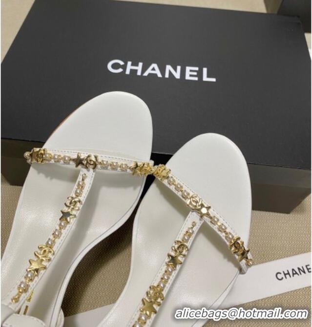 Best Luxury Chanel Pearl Star Chain Charm Silk Sandals 6cm 042965 White 2021