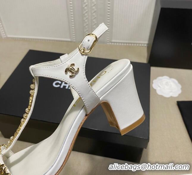 Best Luxury Chanel Pearl Star Chain Charm Silk Sandals 6cm 042965 White 2021