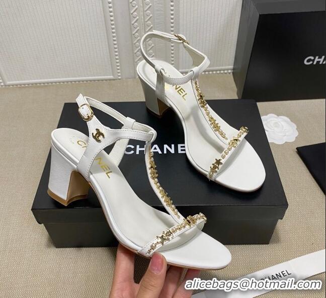 Best Luxury Chanel Pearl Star Chain Charm Silk Sandals 6cm 042965 White 2021