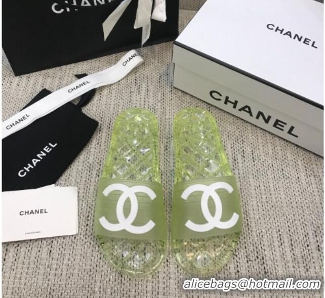 Cute Chanel Flat Transparent Color CC Slide Sandals 042992 Light Green 2021