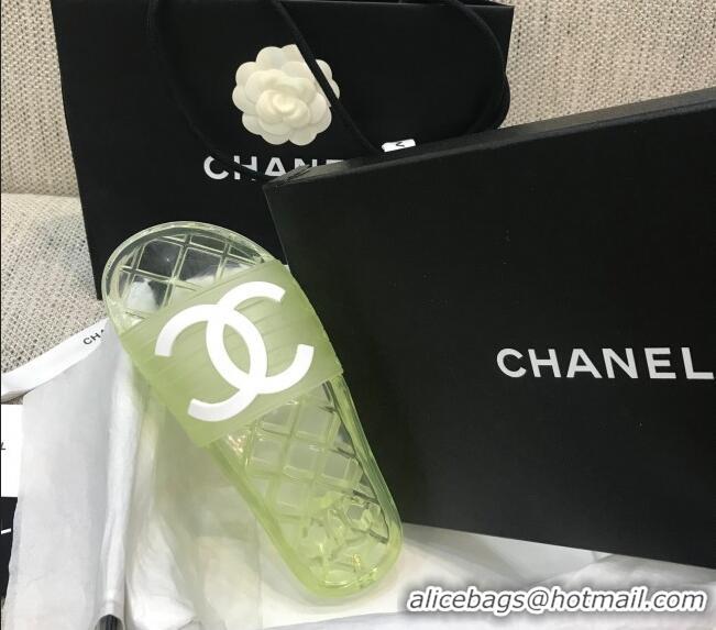 Cute Chanel Flat Transparent Color CC Slide Sandals 042992 Light Green 2021