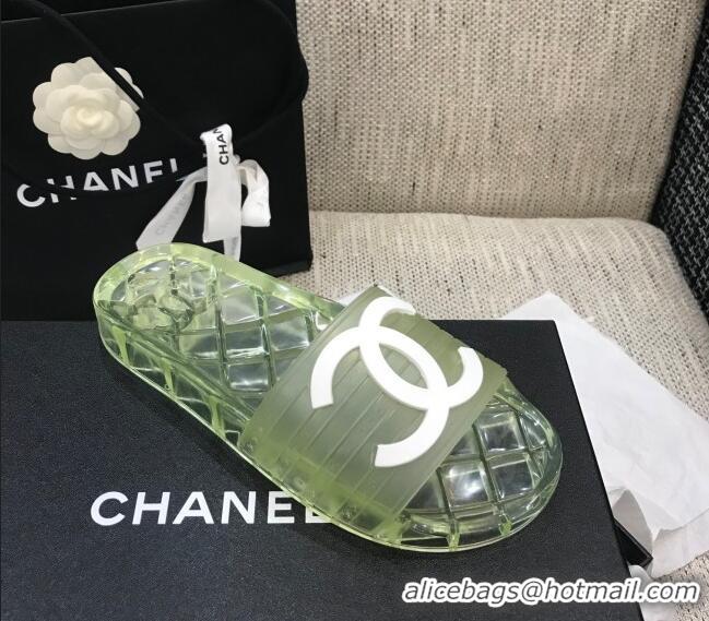 Cute Chanel Flat Transparent Color CC Slide Sandals 042992 Light Green 2021