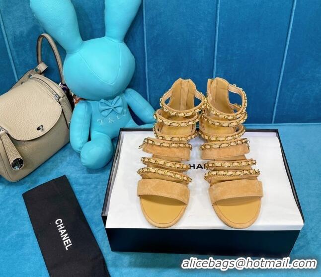 Top Quality Chanel Roman Suede Chain Flat Sandals Camel 043033 Brown 2021