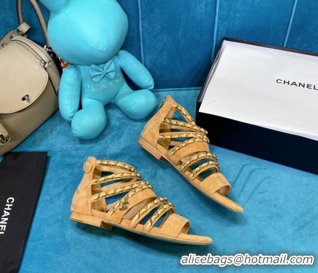 Top Quality Chanel Roman Suede Chain Flat Sandals Camel 043033 Brown 2021