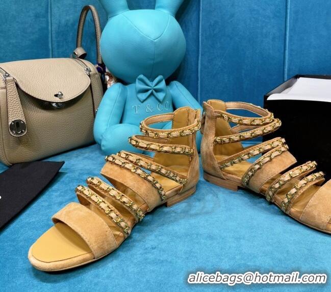 Top Quality Chanel Roman Suede Chain Flat Sandals Camel 043033 Brown 2021