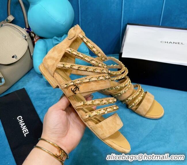 Top Quality Chanel Roman Suede Chain Flat Sandals Camel 043033 Brown 2021