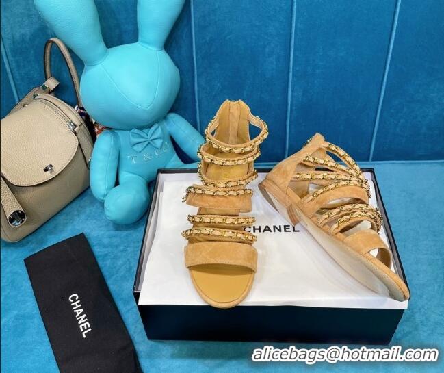 Top Quality Chanel Roman Suede Chain Flat Sandals Camel 043033 Brown 2021