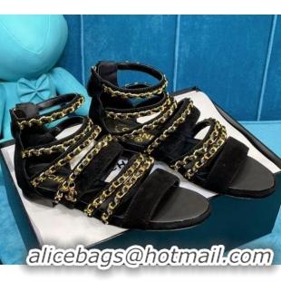 Best Luxury Chanel Roman Suede Chain Flat Sandals Camel 043033 Black 2021