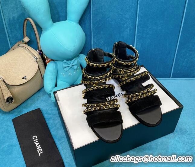 Best Luxury Chanel Roman Suede Chain Flat Sandals Camel 043033 Black 2021