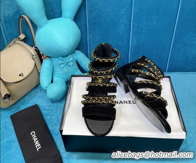 Best Luxury Chanel Roman Suede Chain Flat Sandals Camel 043033 Black 2021