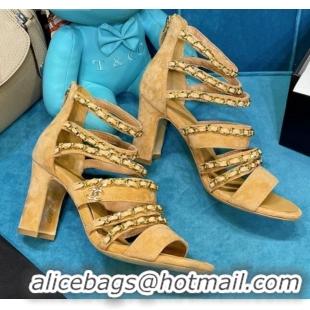 Best Price Chanel Roman Suede Chain Sandals 9cm Camel 043035 Brown 2021