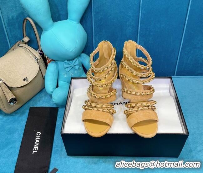 Best Price Chanel Roman Suede Chain Sandals 9cm Camel 043035 Brown 2021