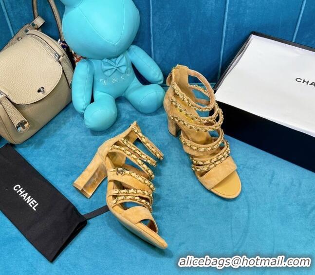 Best Price Chanel Roman Suede Chain Sandals 9cm Camel 043035 Brown 2021