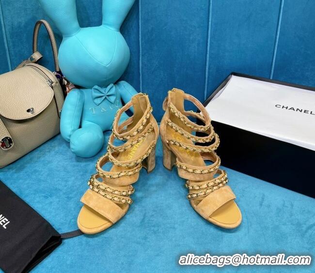 Best Price Chanel Roman Suede Chain Sandals 9cm Camel 043035 Brown 2021