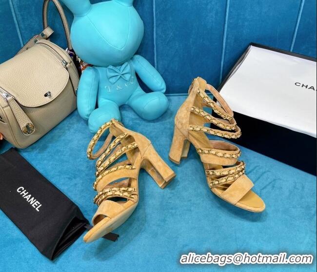 Best Price Chanel Roman Suede Chain Sandals 9cm Camel 043035 Brown 2021