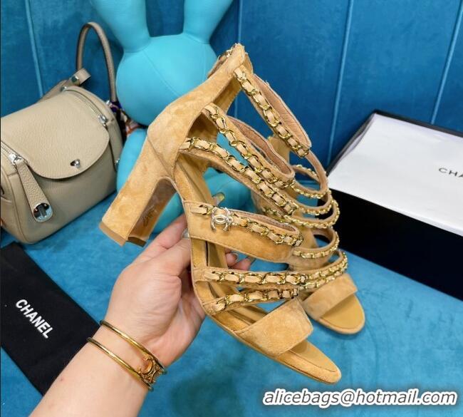 Best Price Chanel Roman Suede Chain Sandals 9cm Camel 043035 Brown 2021