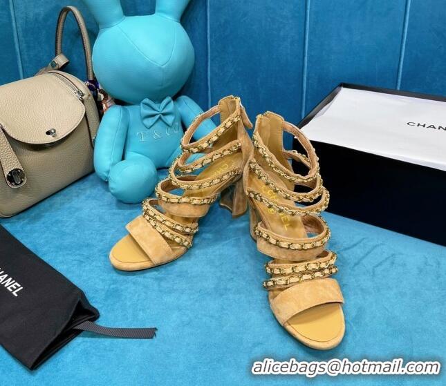 Best Price Chanel Roman Suede Chain Sandals 9cm Camel 043035 Brown 2021