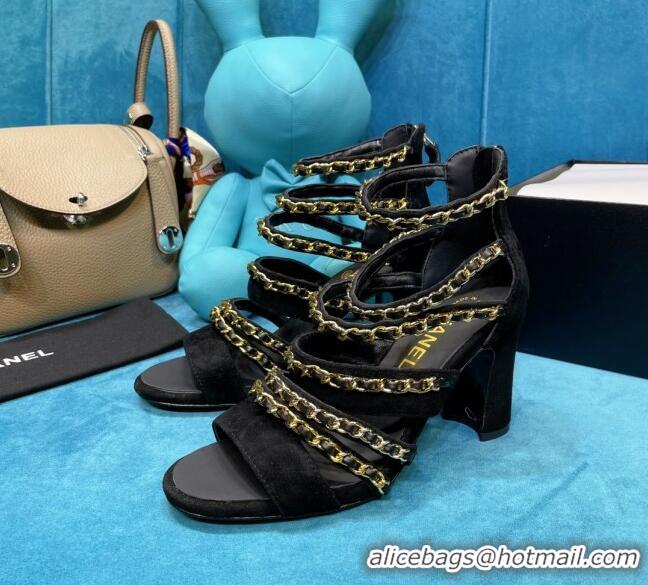 Good Quality Chanel Roman Suede Chain Sandals 9cm Camel 043035 Black 2021