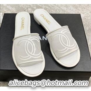 Popular Chanel CC Mesh Flat Slide Sandals White 2021