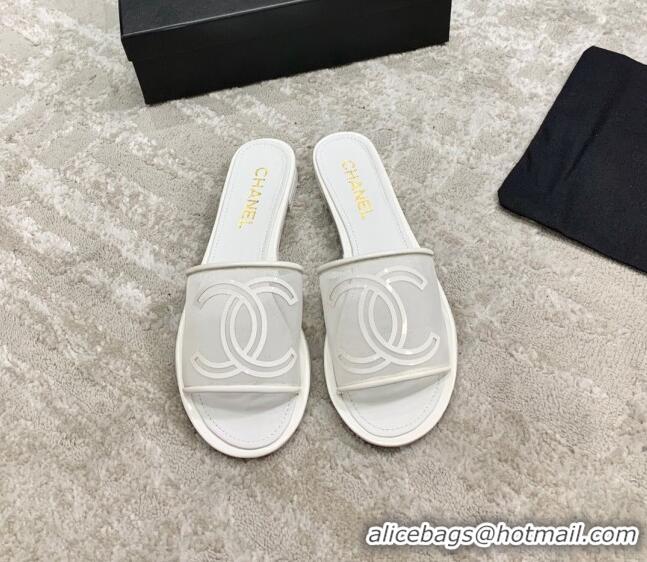 Popular Chanel CC Mesh Flat Slide Sandals White 2021