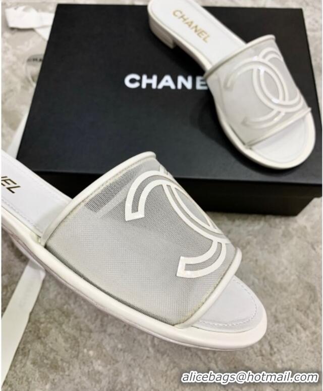 Popular Chanel CC Mesh Flat Slide Sandals White 2021