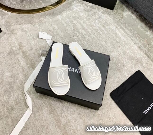 Popular Chanel CC Mesh Flat Slide Sandals White 2021