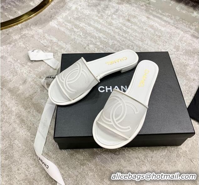 Popular Chanel CC Mesh Flat Slide Sandals White 2021