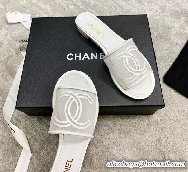 Popular Chanel CC Mesh Flat Slide Sandals White 2021