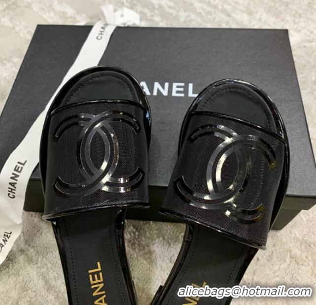 Good Product Chanel CC Mesh Flat Slide Sandals 043057 Black 2021