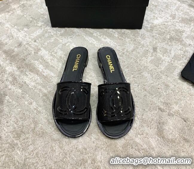 Good Product Chanel CC Mesh Flat Slide Sandals 043057 Black 2021