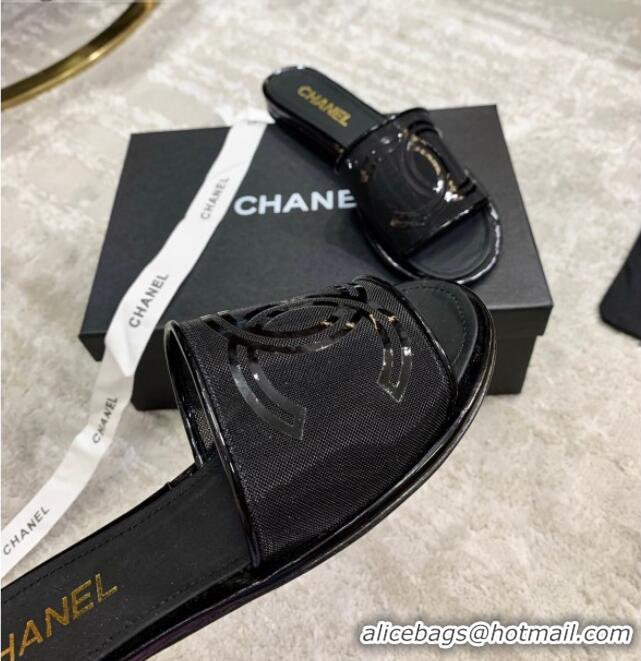 Good Product Chanel CC Mesh Flat Slide Sandals 043057 Black 2021