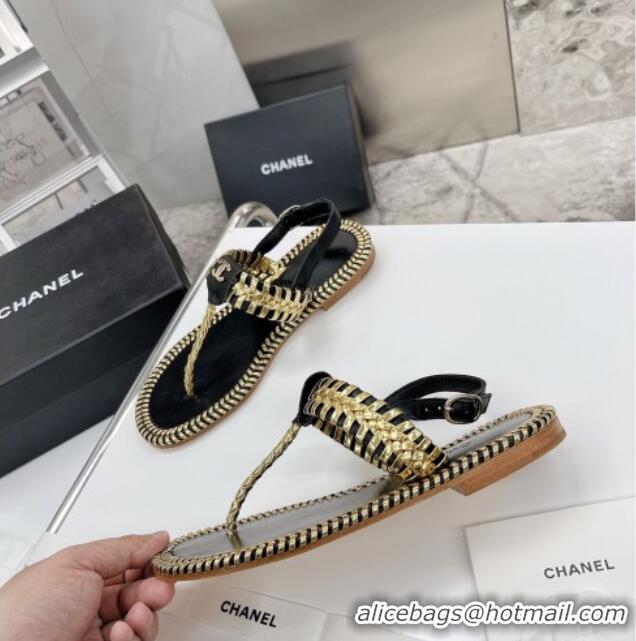 Charming Chanel Braided Flat Thong Sandals 050604 Black 2021