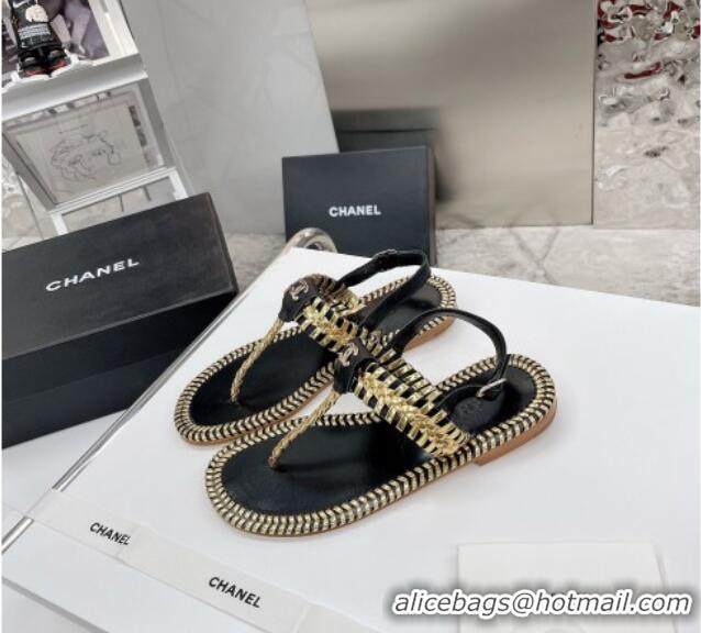 Charming Chanel Braided Flat Thong Sandals 050604 Black 2021