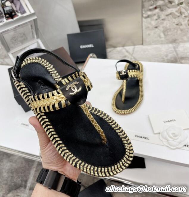 Charming Chanel Braided Flat Thong Sandals 050604 Black 2021