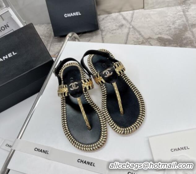 Charming Chanel Braided Flat Thong Sandals 050604 Black 2021