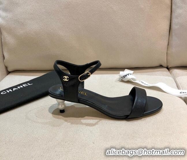 Shop Chanel Calfskin Pearl Heel Sandals 050609 Black 2021
