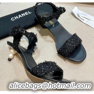 Grade Design Chanel Tweed Pearl Heel Sandals 050610 Black 2021