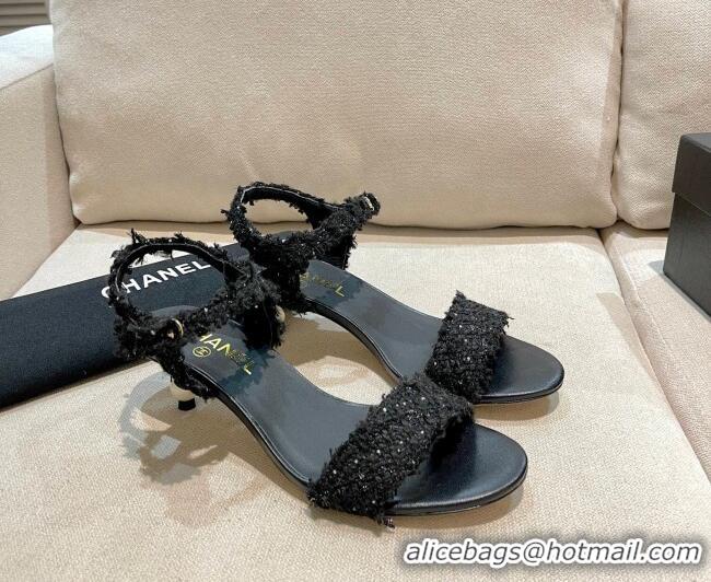 Grade Design Chanel Tweed Pearl Heel Sandals 050610 Black 2021