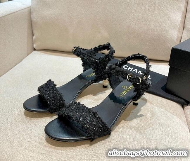 Grade Design Chanel Tweed Pearl Heel Sandals 050610 Black 2021