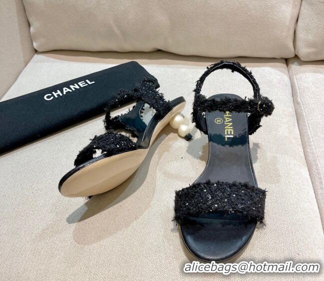 Grade Design Chanel Tweed Pearl Heel Sandals 050610 Black 2021