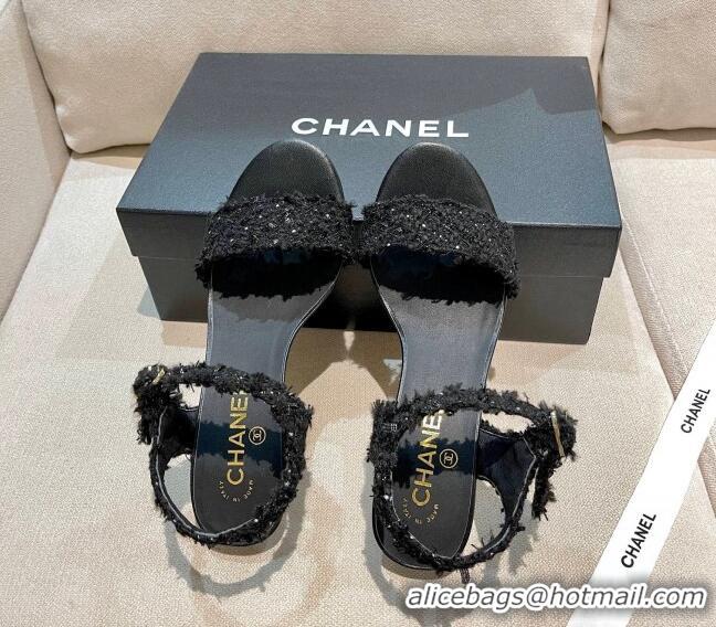 Grade Design Chanel Tweed Pearl Heel Sandals 050610 Black 2021