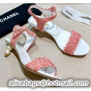 New Style Chanel Tweed Pearl Heel Sandals 050610 Pink 2021