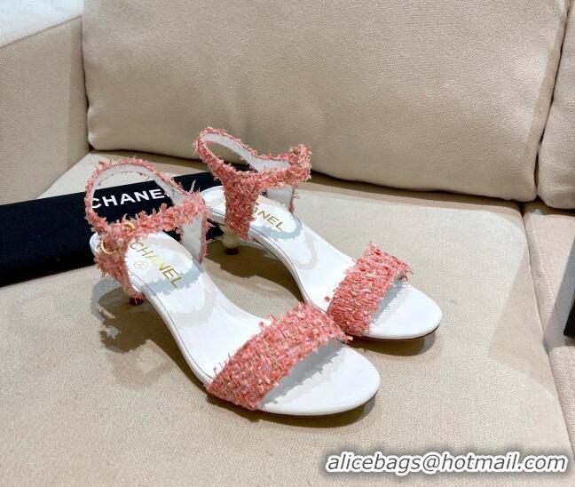 New Style Chanel Tweed Pearl Heel Sandals 050610 Pink 2021