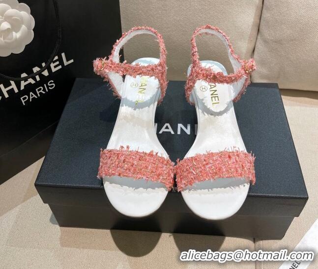 New Style Chanel Tweed Pearl Heel Sandals 050610 Pink 2021