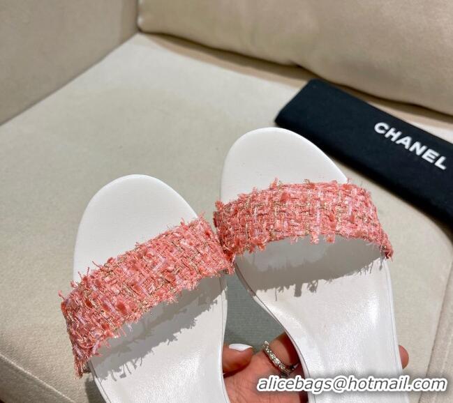 New Style Chanel Tweed Pearl Heel Sandals 050610 Pink 2021