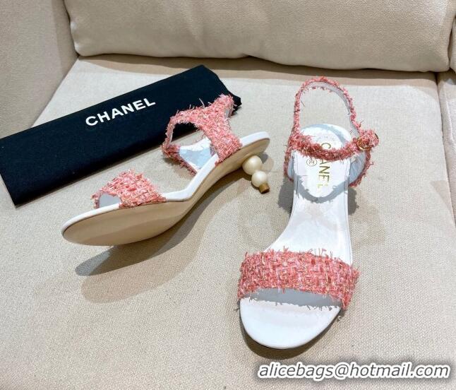 New Style Chanel Tweed Pearl Heel Sandals 050610 Pink 2021