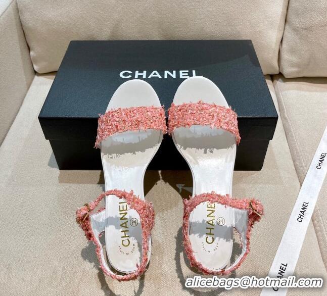 New Style Chanel Tweed Pearl Heel Sandals 050610 Pink 2021