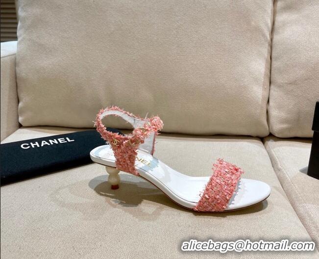 New Style Chanel Tweed Pearl Heel Sandals 050610 Pink 2021