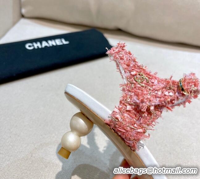 New Style Chanel Tweed Pearl Heel Sandals 050610 Pink 2021