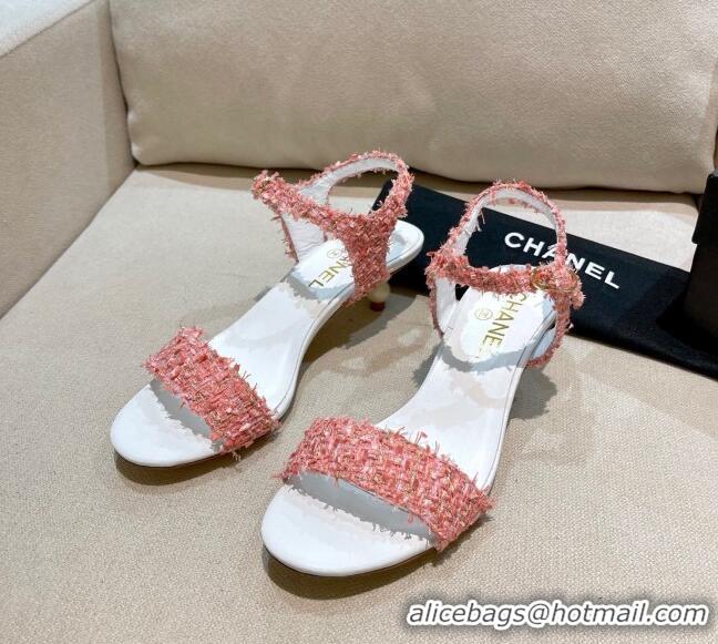 New Style Chanel Tweed Pearl Heel Sandals 050610 Pink 2021